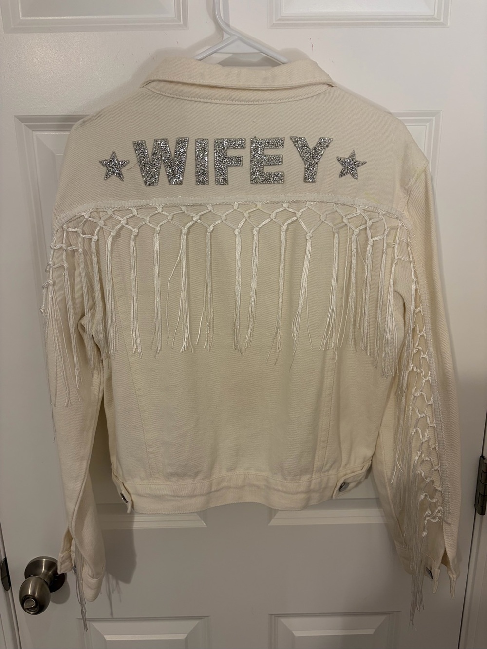 Bridal Wedding Wifey Embellished Western Fringe Denim Jacket - Cream Large/XL